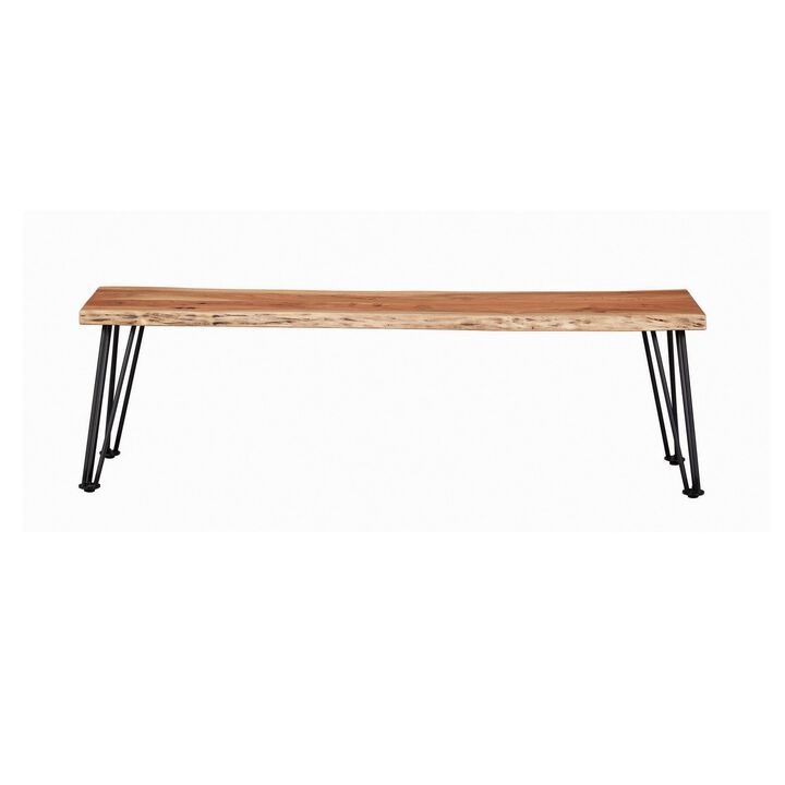 Wooden Dining Bench with Live Edge Details and Metal Legs, Brown-Benzara
