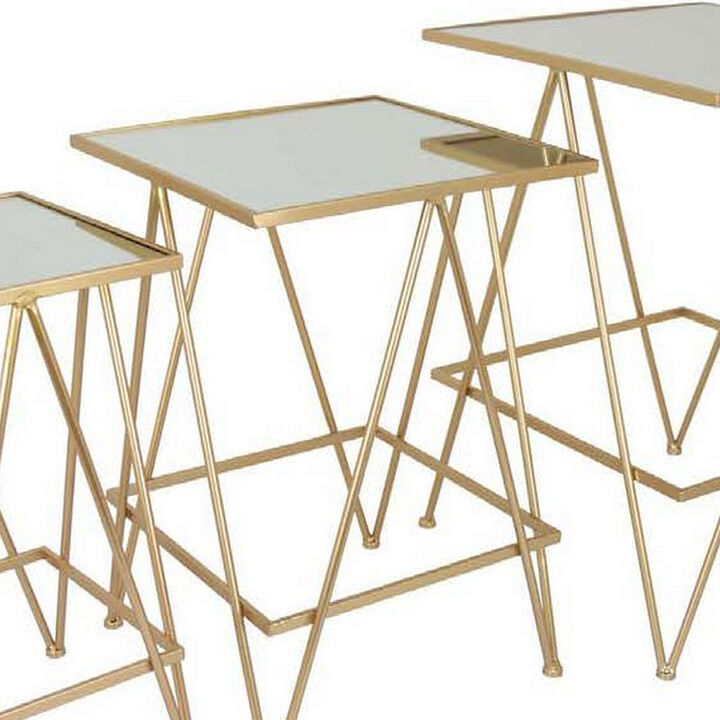 25 Inch Plant Stand Table Set of 3, Square, Metal, Mirror, Gold Finish - Benzara