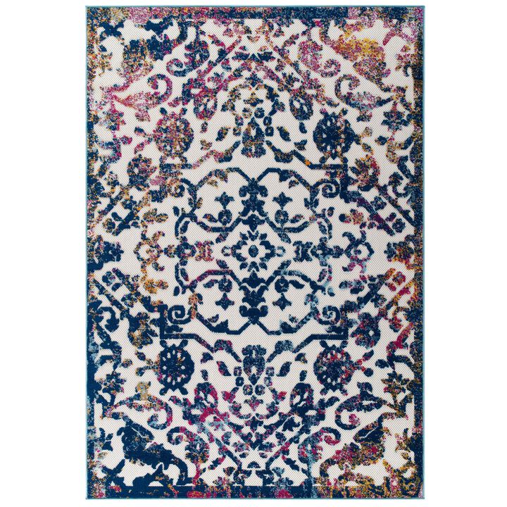 Reflect Primrose Distressed Vintage Ornate Floral Lattice 5x8 Indoor and Outdoor Area Rug - Ivory, Dark Blue, Multicolored