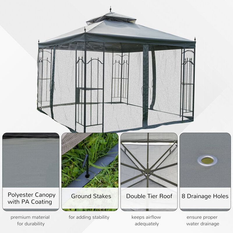 Grey Backyard Retreat: 10x10 Steel Patio Gazebo with Mesh Curtains