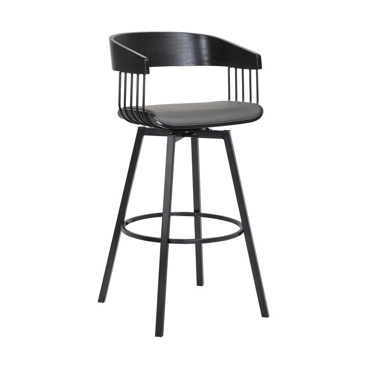 Athena Swivel Black Wood Counter Stool in Grey Faux Leather with Black Metal