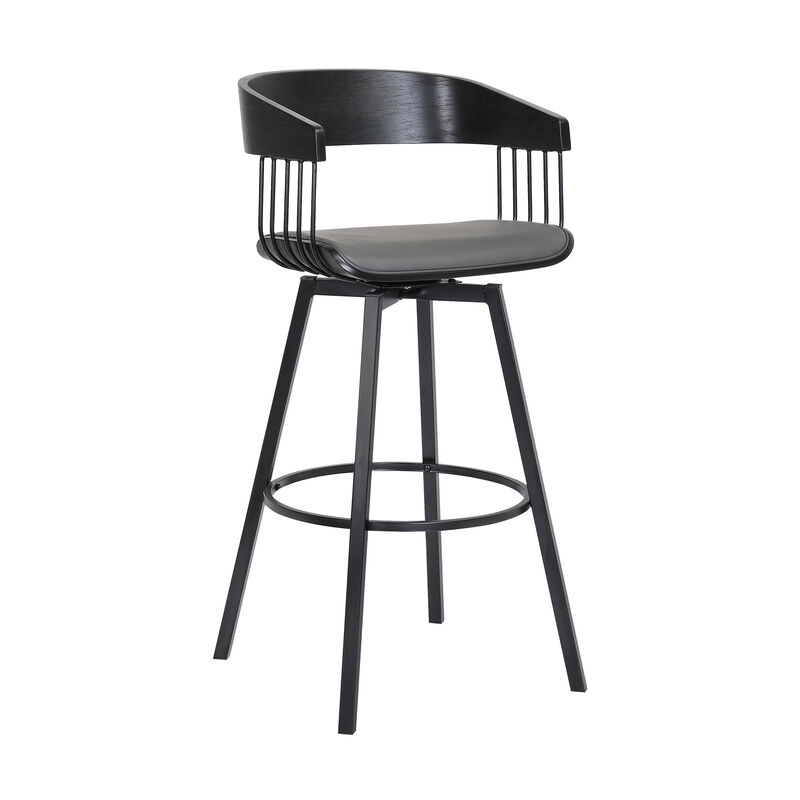 Athena Swivel Black Wood Counter Stool in Grey Faux Leather with Black Metal
