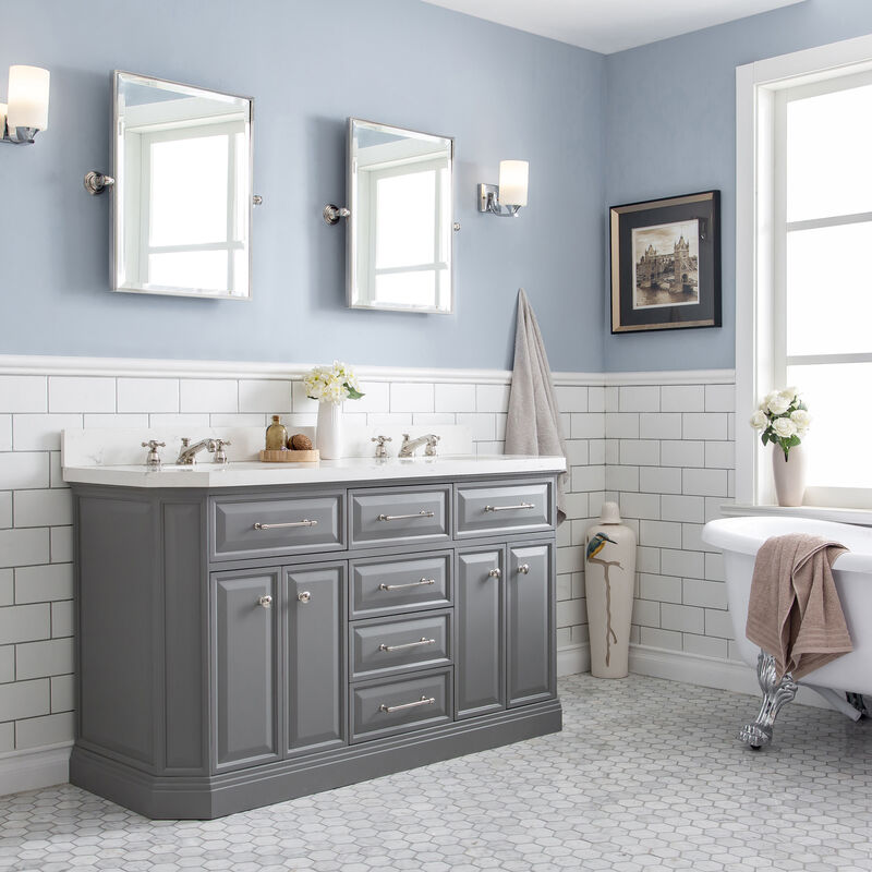 Palace 60 In. Double Sink Carrara Quartz Countertop Bath Vanity in Cashmere Grey with Polished Nickel (PVD) Hardware, Classic Faucets and Rectangular Pivot Mirrors