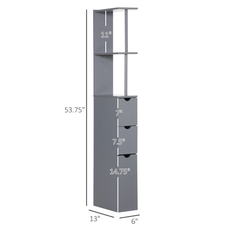 Grey Bathroom Tower: 54" Tall Storage Cabinet with Shelves & Drawers