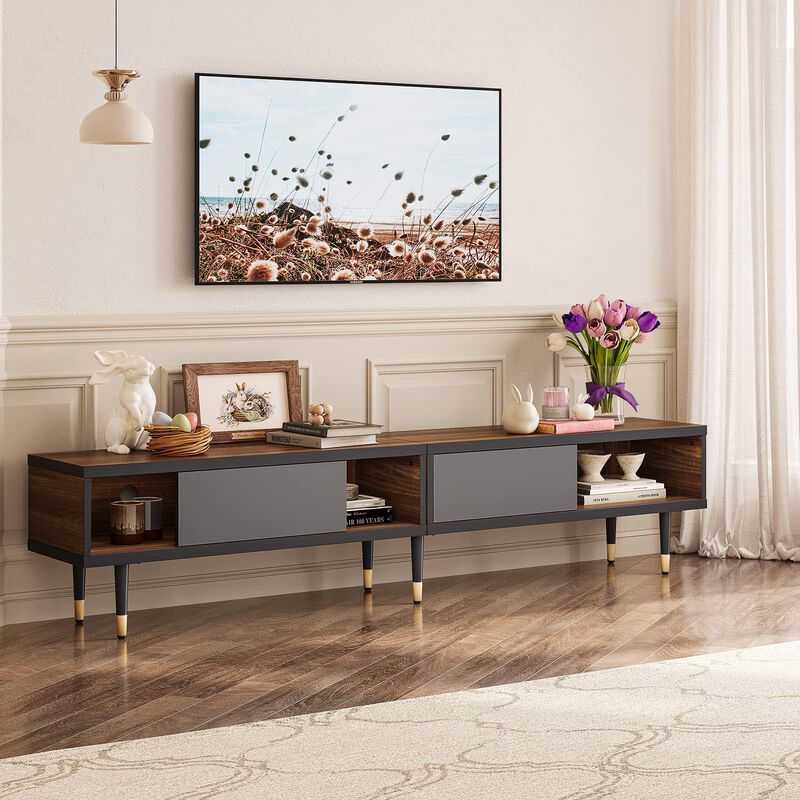 Entertainment Center with Storage,Sliding Doors for 85 inch tv,Walnut