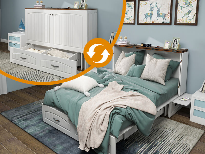 Murphy Bed Cabinet,Murphy Bed Queen with USB and Charging Ports, Murphy Bed Cabinet with Drawer Includes Storage Cabinet,White Cabinet Bed  for Guest Room