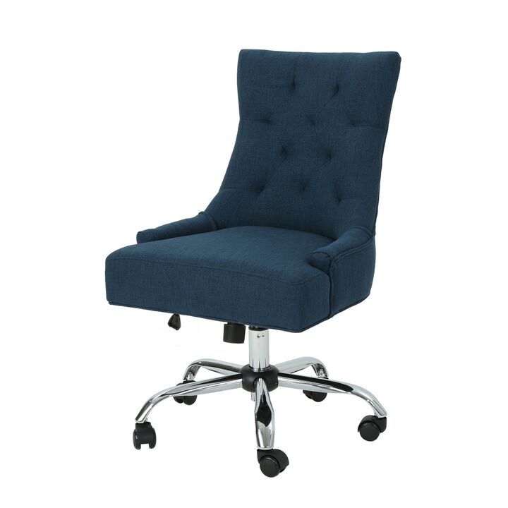 Ovi Swivel Office Chair, Navy Blue Fabric, Tufted Back, Rolling Wheels -Benzara