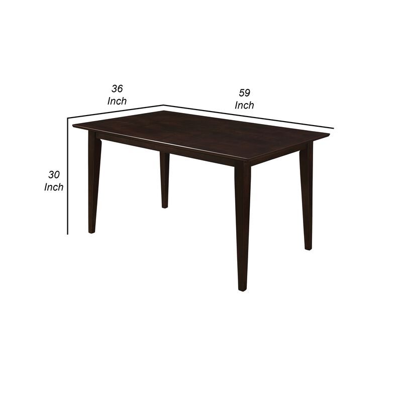 59 Inch Rectangular Dining Table, Tapered Legs, Dark Cappuccino Brown Wood - Benzara
