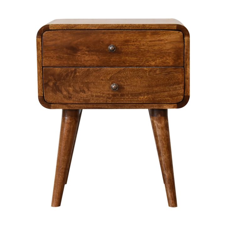 Curved Chestnut Solid Wood 2 Drawer Nightstand
