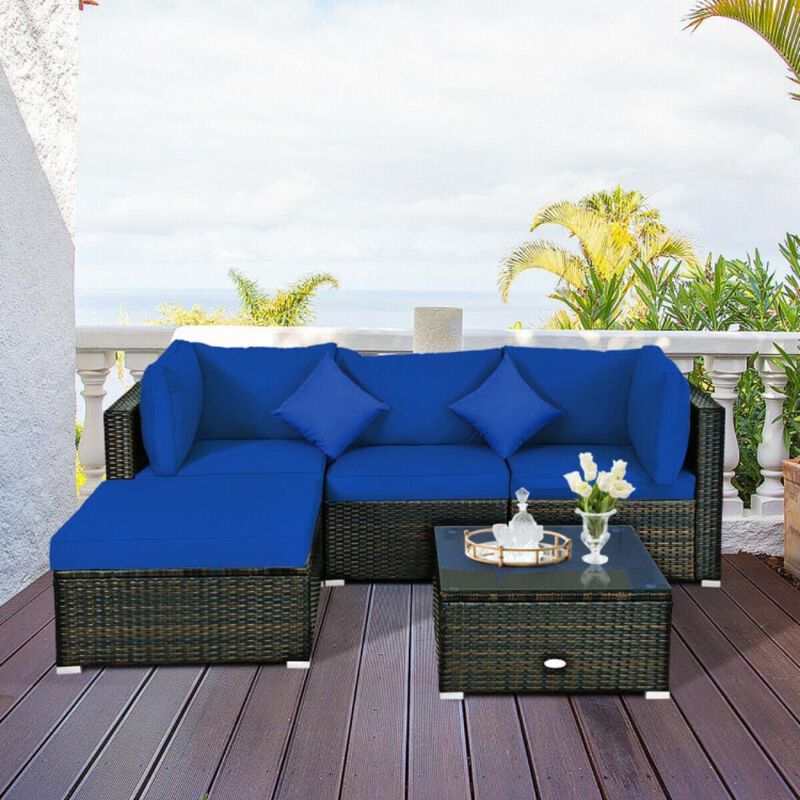 Hivvago 5 Pcs Outdoor Patio Rattan Furniture Set Sectional Conversation with Navy Cushions