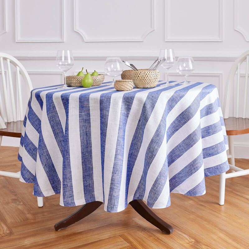 Solino Home 100% Pure Linen Round Tablecloth 70 Inch Diameter | Cabana Stripe