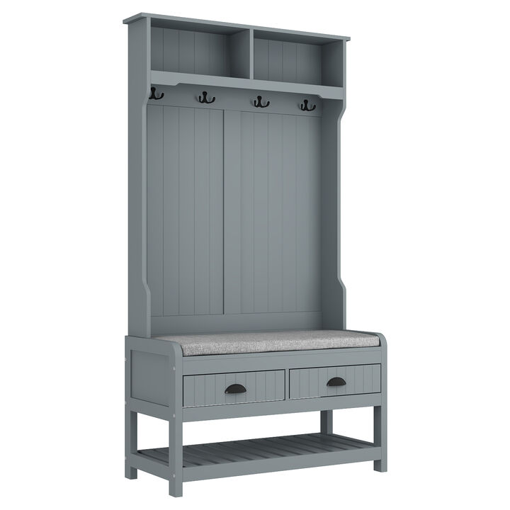 68.5 in. Gray Wood 3-in-1 Hall Tree Coat Rack Storage Bench with 4-Metal Double Hooks and 2-Drawers, Shelves