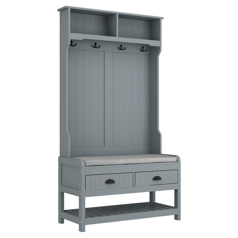 68.5 in. Gray Wood 3-in-1 Hall Tree Coat Rack Storage Bench with 4-Metal Double Hooks and 2-Drawers, Shelves