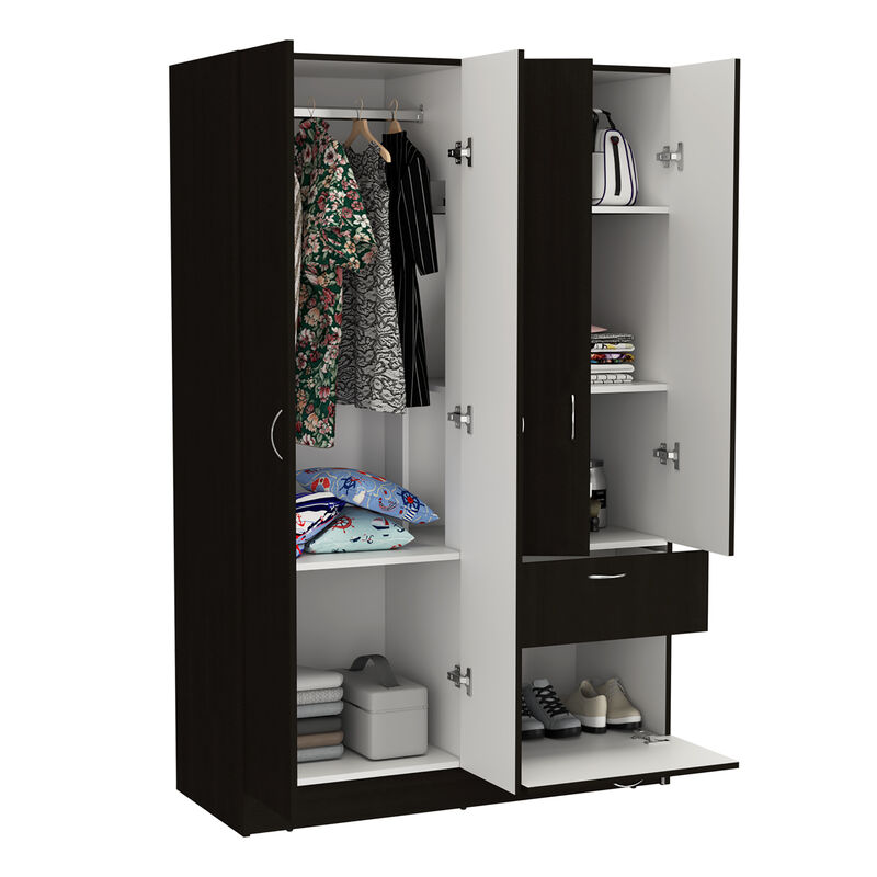 DEPOT E-SHOP Itaca Armoire, Double Door Cabinet, One Drawer, Five Interior Shelves, Rod, Black / White