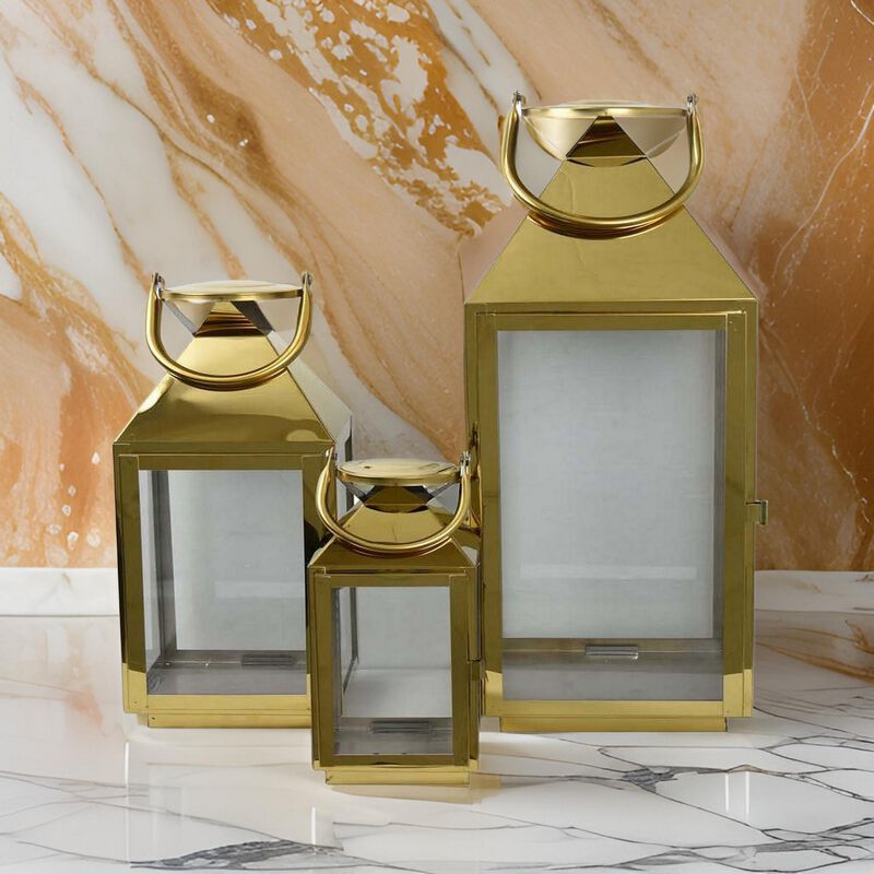 Davi Set of 3 Decorative Lanterns, Curved Handles, Glass Panel, Brass Metal - Benzara