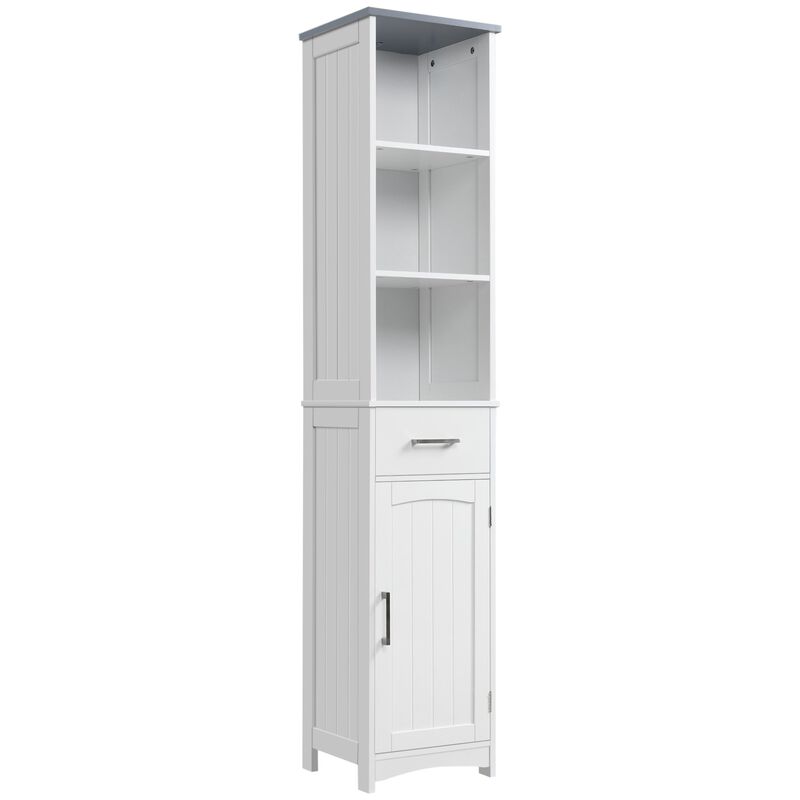 White Bathroom Organizer: Slim 3-Tier Cabinet with Drawer & Door