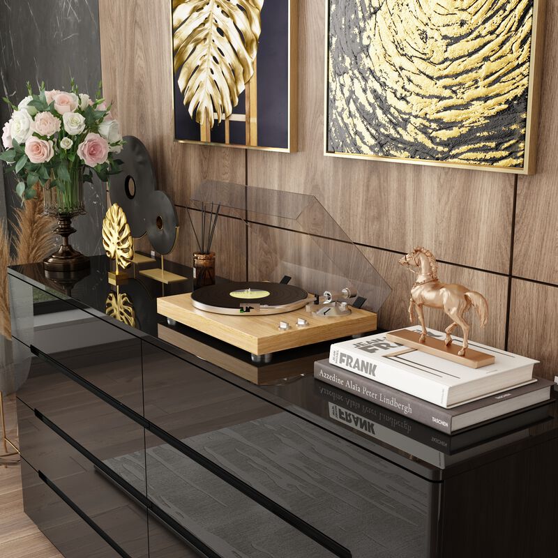 Black 8-Drawer 63 in. W Wood Double Dresser Chest of Drawers Bedroom Storage Organizer in With High Gloss and LED Lights