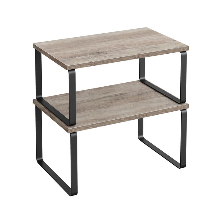 Expandable and Stackable Cabinet Shelf Organizer – Metal and Bamboo Kitchen Counter Shelves, Set of 2