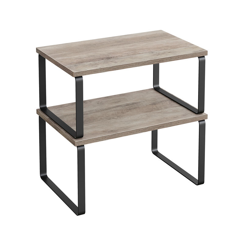 Expandable and Stackable Cabinet Shelf Organizer – Metal and Bamboo Kitchen Counter Shelves, Set of 2