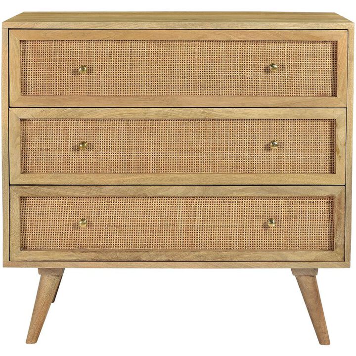 Cambridge Parkview Mango Wood 3-Drw Chest, Rattan Front Drawers,33.5Wx18Dx31.5H