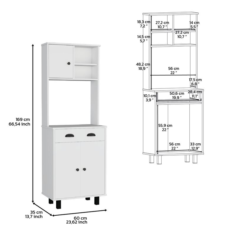 Kitchen Pantry 67" H, Two Cabinets, Three Doors, Two Open Shelves, One Drawer, Microwave Storage Option, White