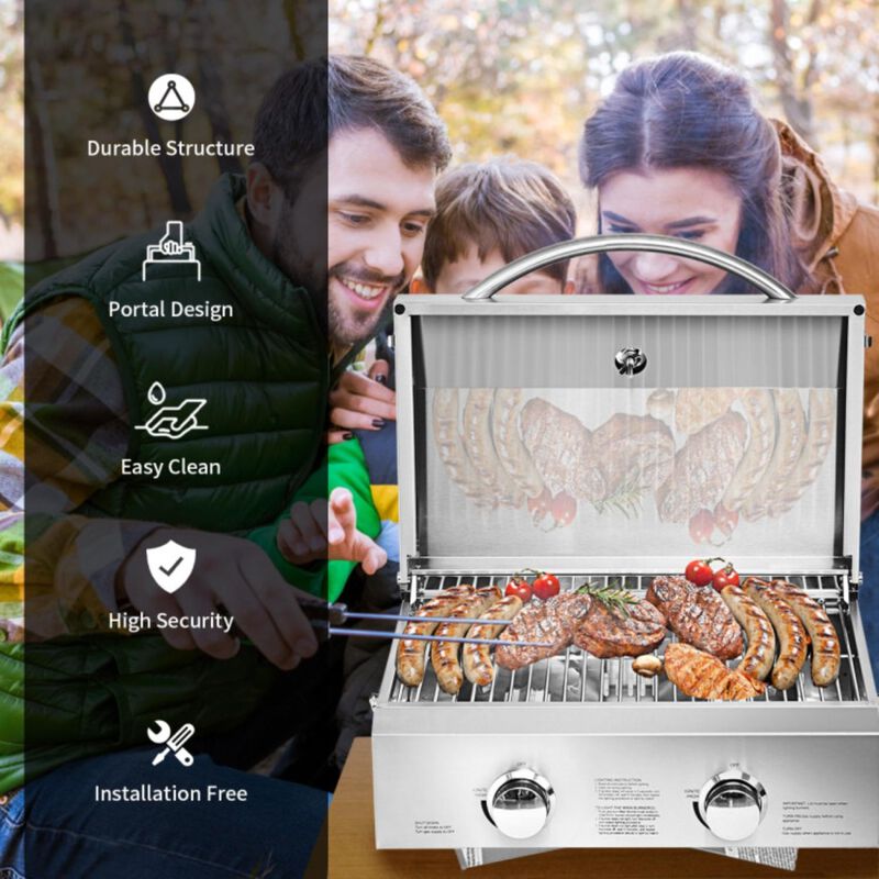 Hivvago 2 Burner Portable Stainless Steel BBQ Table Top Grill for Outdoors