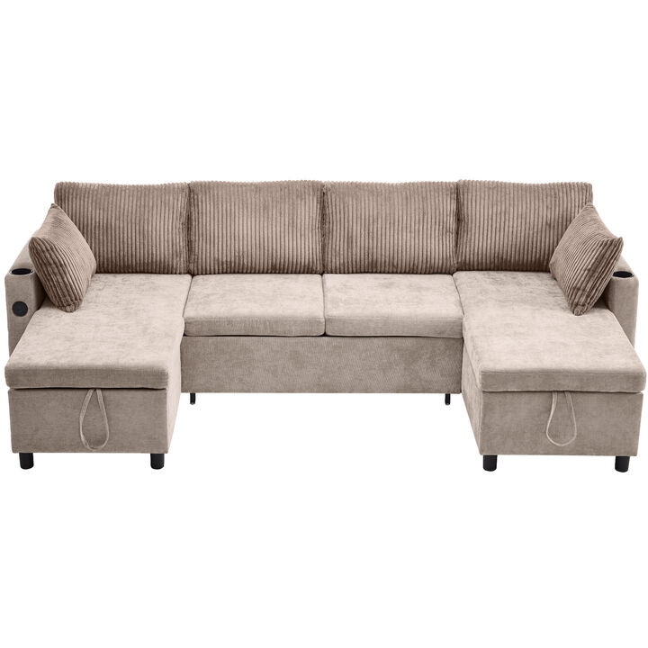 111.8" Sectional Sofa Pull-out Sofa Bed Versatile Sofa Sleeper with Large Storage Space, Two USB Ports and Two Cup Holders for Living Room