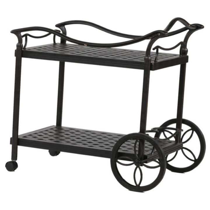 20 Inch 2 Tier Metal Outdoor Patio Tea and Bar Cart, Bronze - Benzara