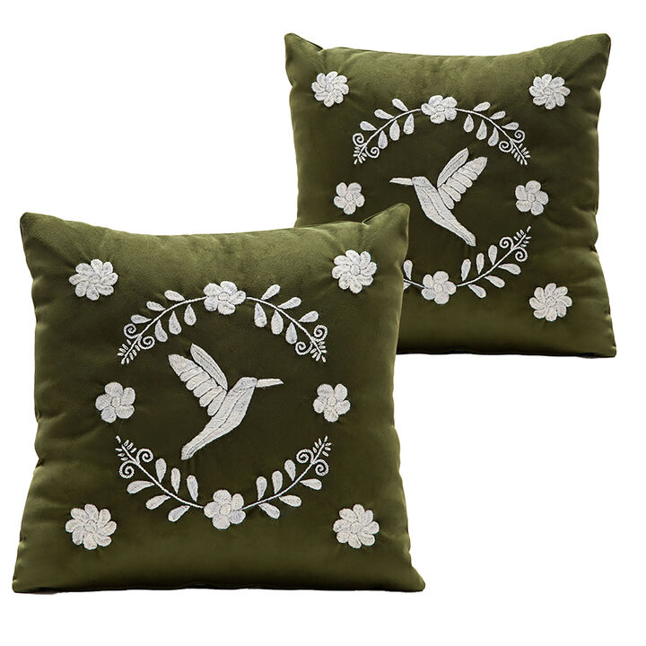 COLIBRÍ Hand Embroidered Decorative Pillows in Olive Green Velvet by ANDEAN, Set of 2, In Stock