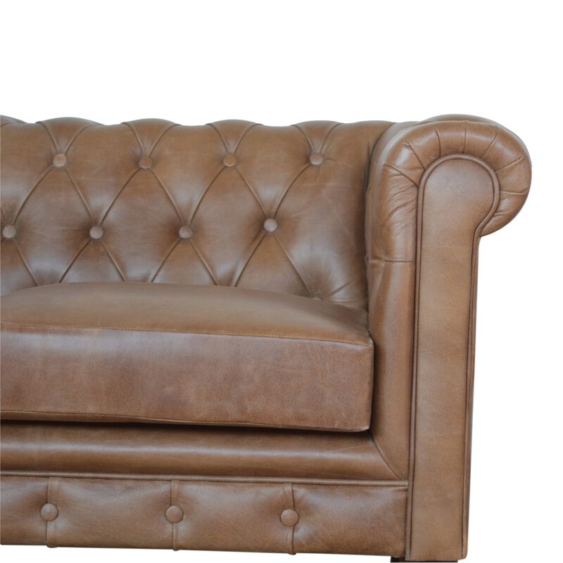 Brown Leather Double Seater Chesterfield Sofa Solid Wood