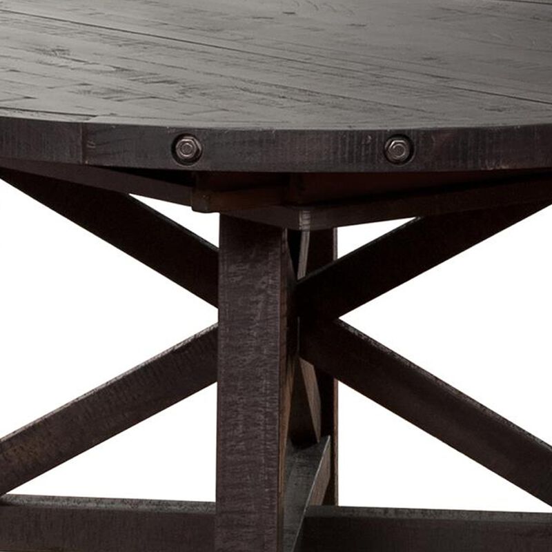 Liu 54 - 72 Inch Round Dining Table, Acacia Wood, Extendable, Dark Brown - Benzara