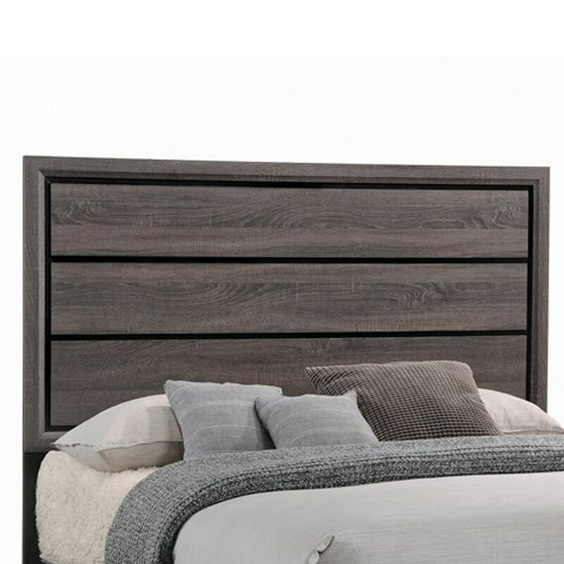 Transitional Queen Bed with Plank Panel Headboard and Low Footboard, Gray-Benzara