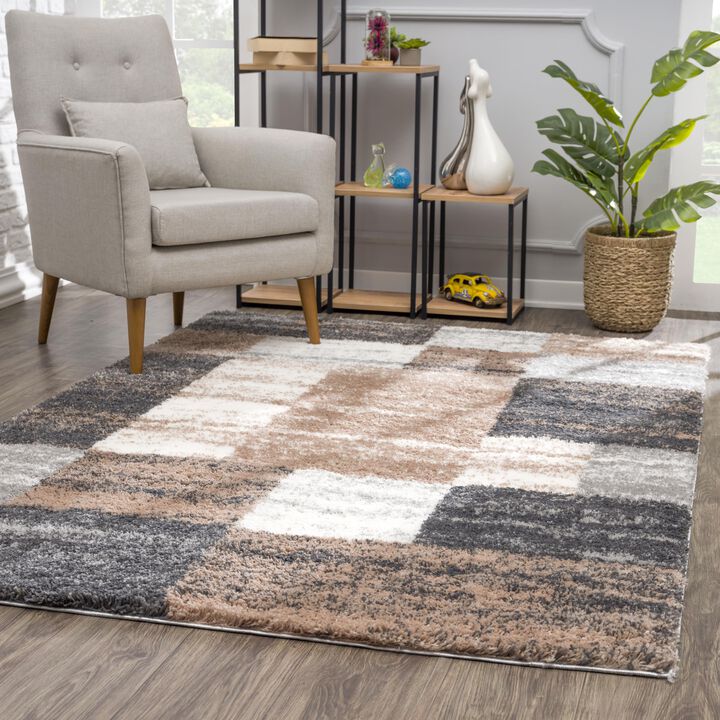 Retro Contemporary Geometric Shag Brown White Indoor Area Rug