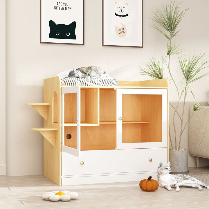 Extra Large Cat Litter Box Furniture Hidden, Cats Condo Pet House with Stairs, Indoor Cat Litter House, White with Log