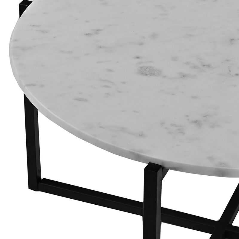 Ivy 30 Inch Marble Top Round Coffee Table with Metal Frame, White and Black-Benzara