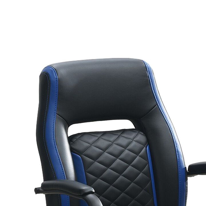 Ida 26 Inch Ergonomic Office Chair, Faux Leather Swivel Seat, Black, Blue-Benzara
