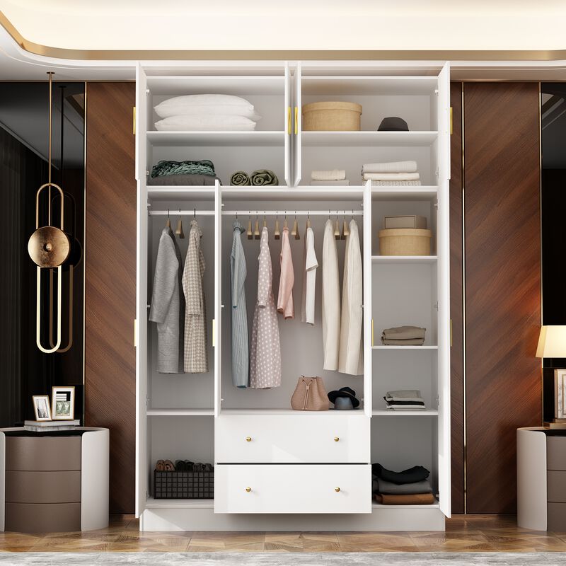 FUFU&GAGA Four-Door Wardrobe with Mirror, Top Cabinet, and Drawers (63" W x 19.7" D x 94.5" H),White