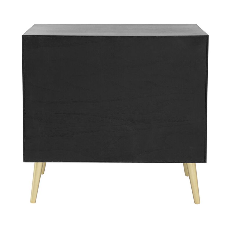 31 Inch Dresser Chest Cabinet, 3 Drawers, Woven Rattan, Modern, Black, Gold-Benzara