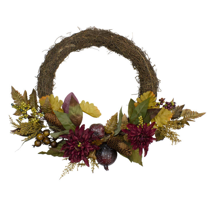 Mums and Pomegranates Artificial Floral Wreath  Red 20-Inch
