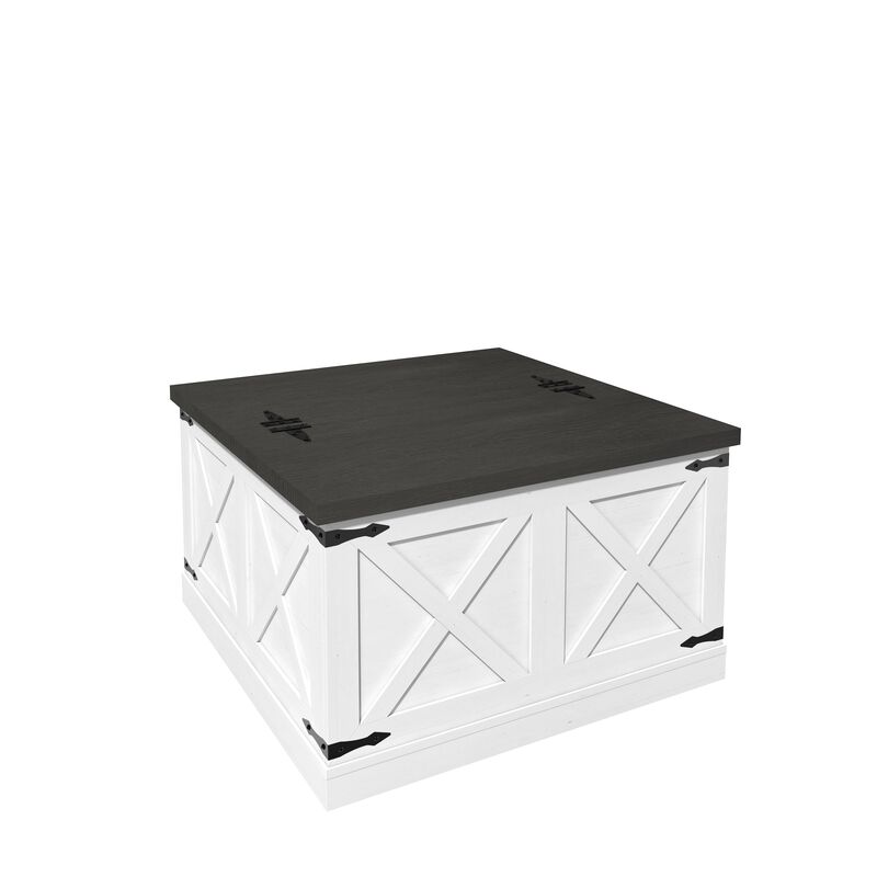 Farmhouse Coffee Table, Square Wood Center Table with Large Hidden Storage Compartment for Living Room, Rustic Cocktail Table with Hinged Lift Top for Home, White