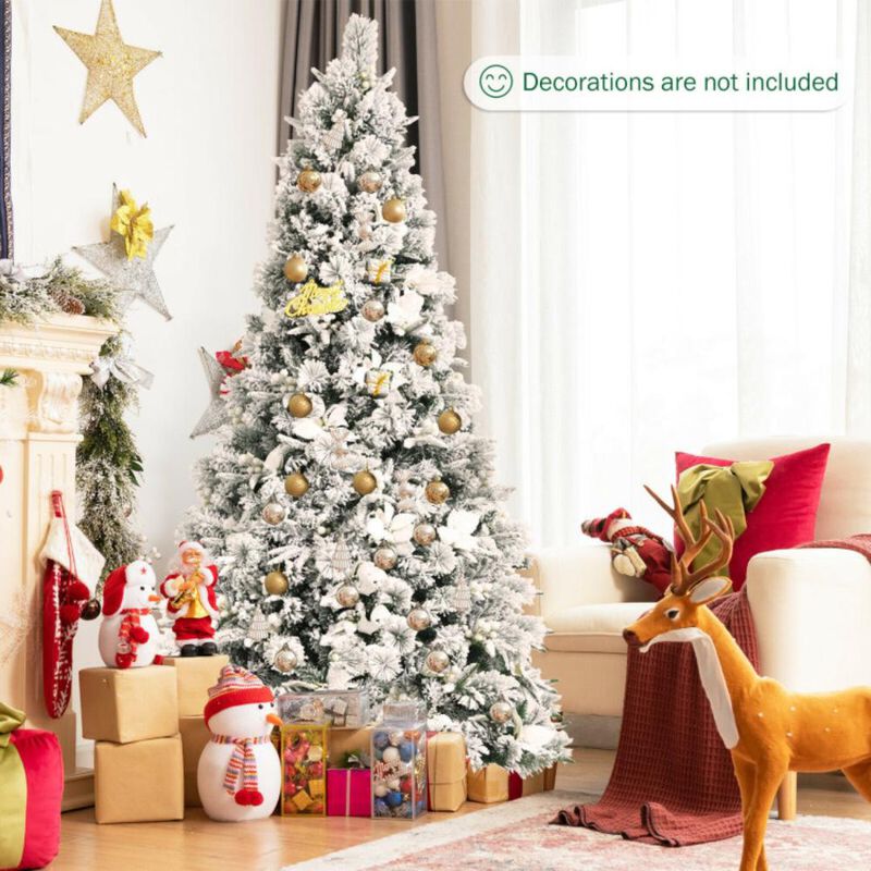 Hivvago 7 Feet Snow Flocked Christmas Tree with Poinsettia Flowers