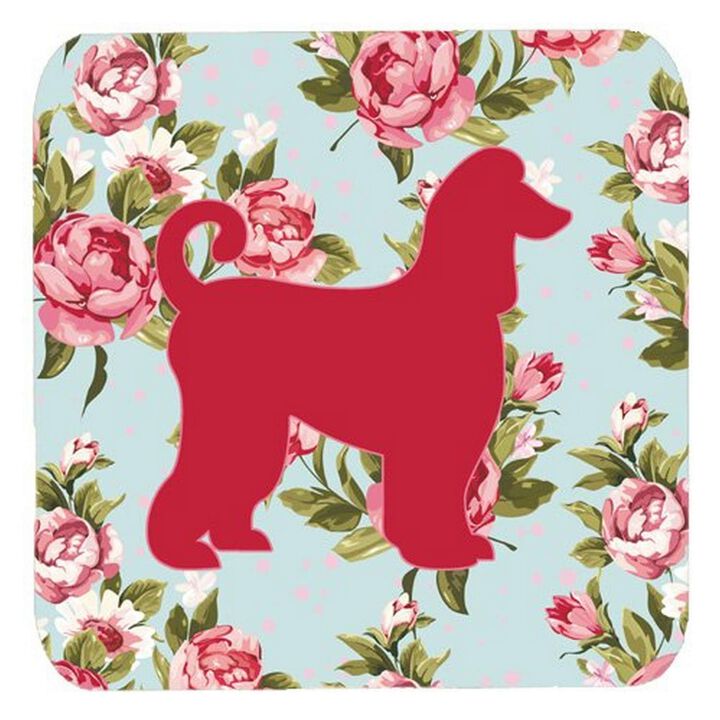 Caroline's Treasures BB1066-RS-BU-FC Afghan Hound Shabby Chic Blue Roses Foam Coasters (Set of 4), 3.5 H x 3.5 W, Multicolor