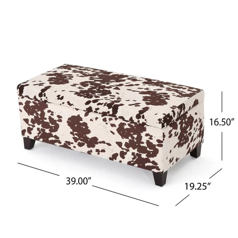 Devi 38 Inch Ottoman w Storage, Brown White Holstein Cow Print Velvet - Benzara