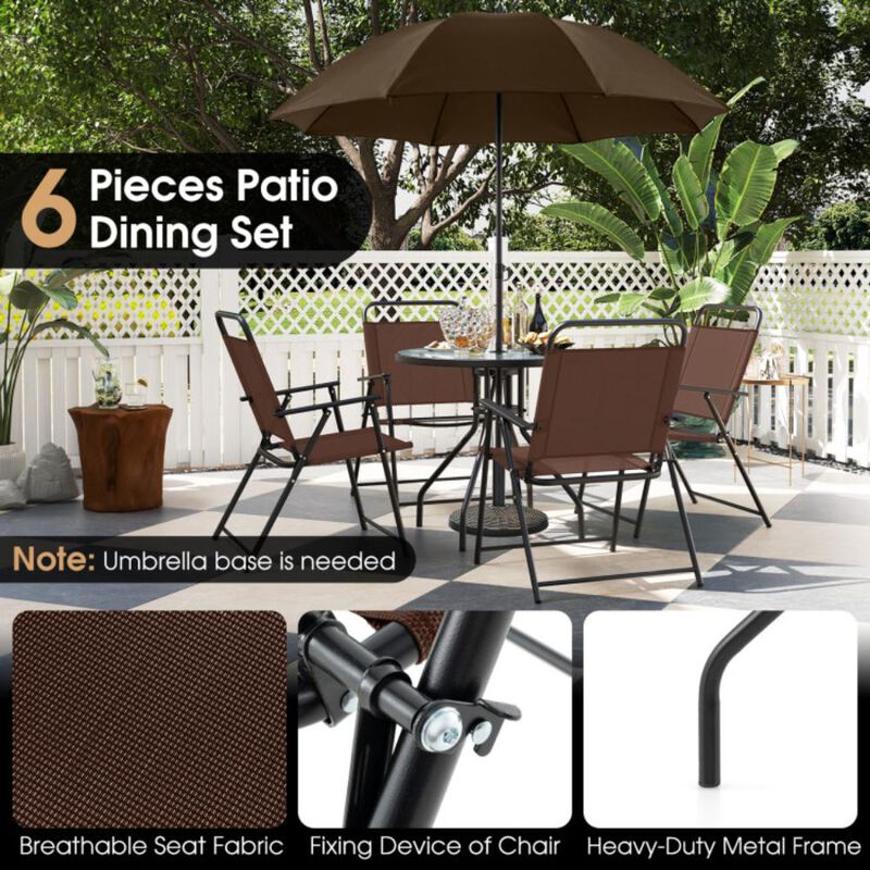 Hivvago 6 Pieces Patio Dining Set Folding Chairs Glass Table Tilt Umbrella for Garden