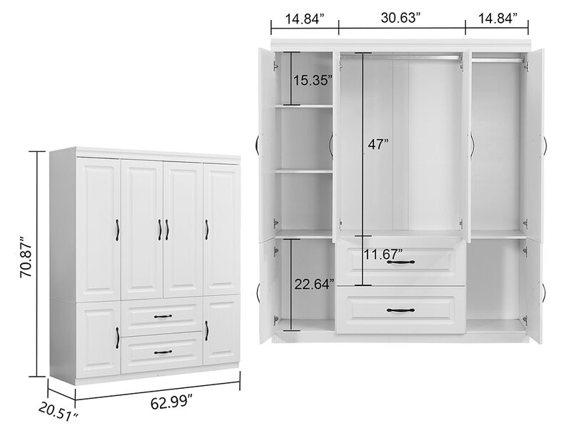 Wooden Armoire Wardrobe Closet White Large Capacity Storage 74" Tall Clothes Cabinet with 4 Doors, 2 Drawers, 2 Hanging Rods and Shelves for Bedroom Armoire