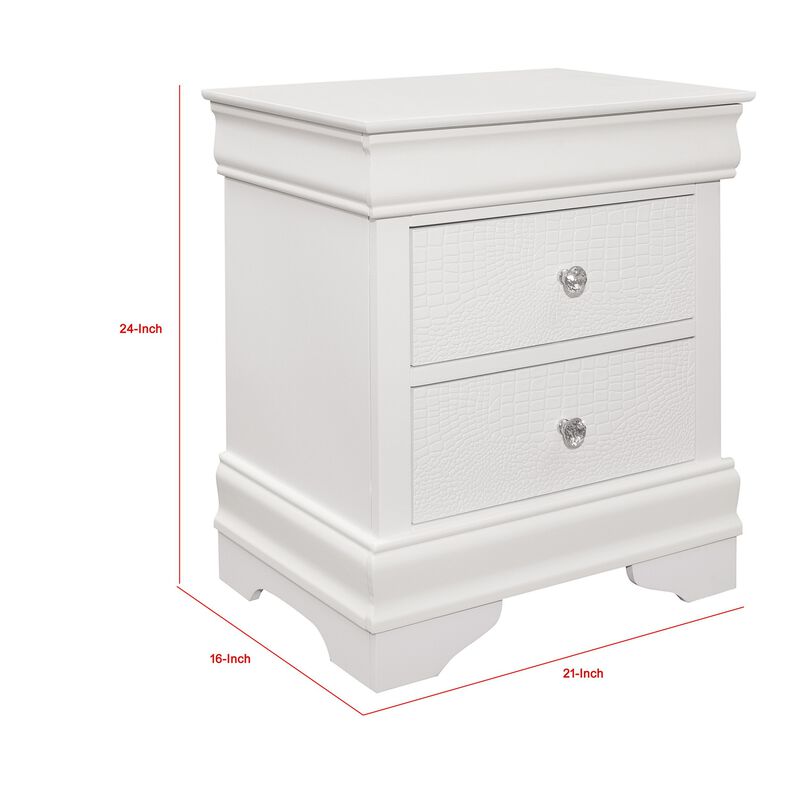 Teich 24 Inch Wood Nightstand, 2 Drawers, Textured Panels, Crisp White-Benzara