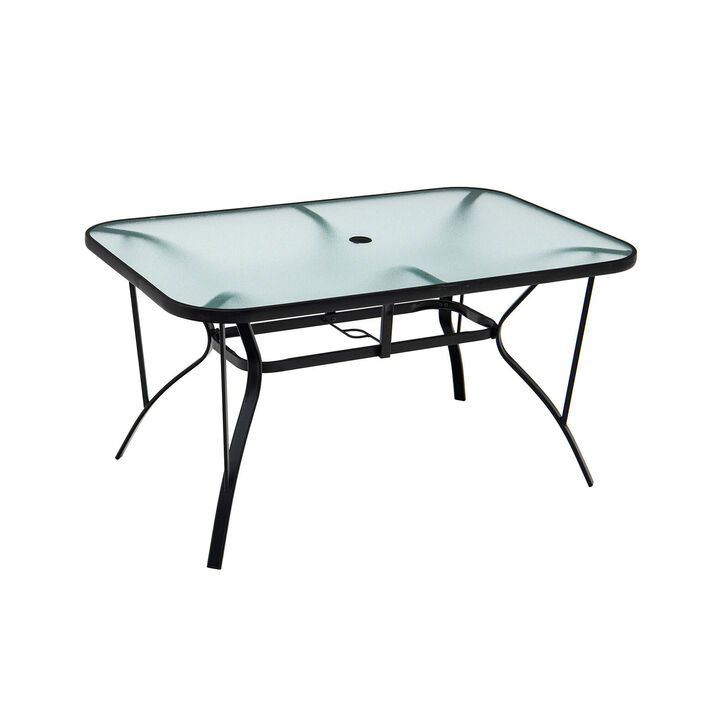 55 x 35 Inch Patio Dining Rectangle Tempered Glass Table with Umbrella Hole