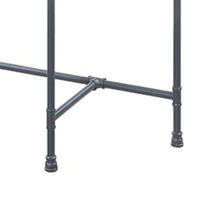 Wood Side Table, Oval Tempered Glass Top, Metal Pipe Style Legs, Clear Glass, Sandy Gray-Benzara
