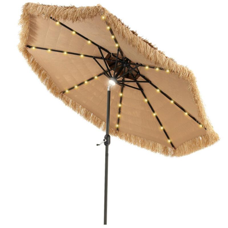 Hivvago 9 Feet Solar Powered Thatched Tiki Patio Umbrella with Led Lights