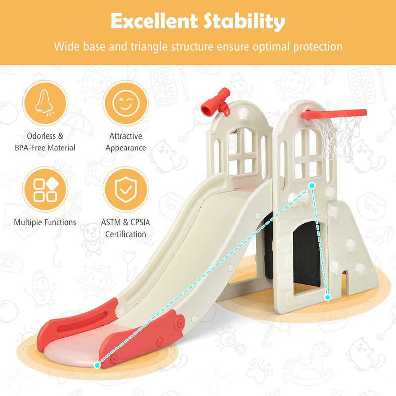 6-in-1 Toddler Climber Slide Playset with Basketball Hoop